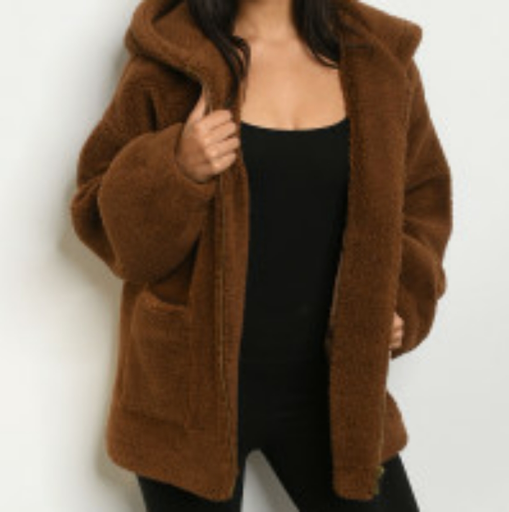 Teddy bear Sherpa hooded jacket coat in brown - Picture 3 of 8